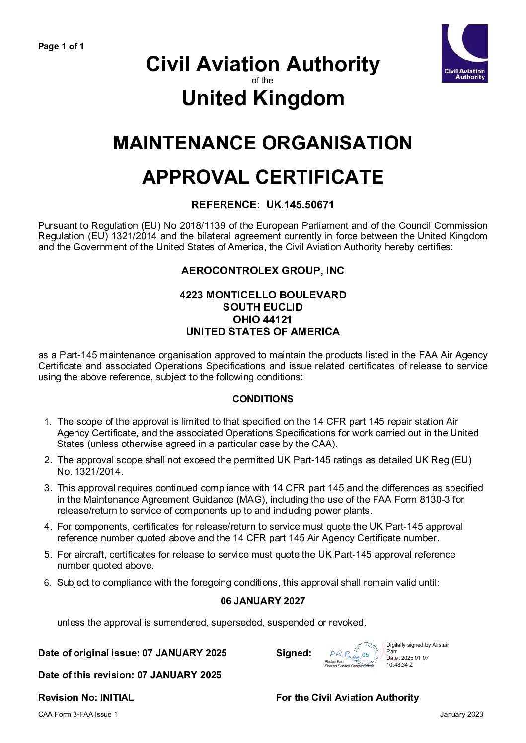 UK CAA Certificate